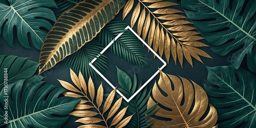 Tropical leaves in shades of green and gold arranged around a white square frame Keywords: tropical leaves, foliage, jungle, botanical, nature, exotic, green, gold, golden, frame, square, border