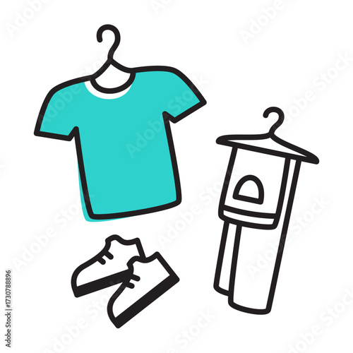 Casual clothes on hangers with sneakers