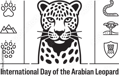 International Day of Arabian Leopard banner with leopard portrait and desert icons