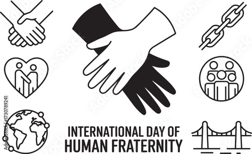 International Day of Human Fraternity vector art, hands, heart, globe, chain, bridge, transparent background