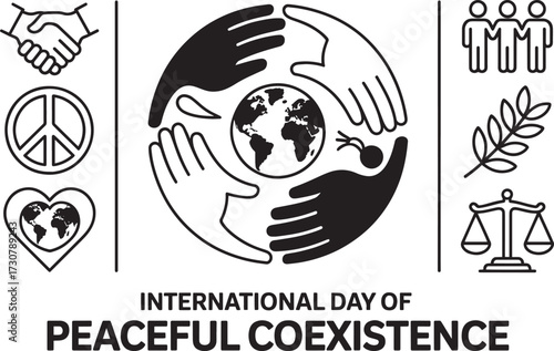 International Day of Peaceful Coexistence emblem with diverse symbols of peace and unity