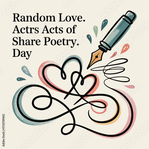 Creative Random Acts of Poetry Day vector art including handwritten poetry, flowing scrolls, hearts, coffee and notebook scenes, poetic quotes, abstract literary elements, flat solid colors