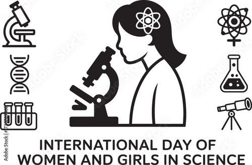 International Day of Women and Girls in Science icon set, line and glyph icons