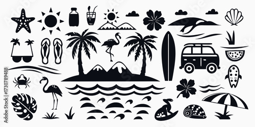 Collection of black silhouette icons representing summer vacation and beach elements