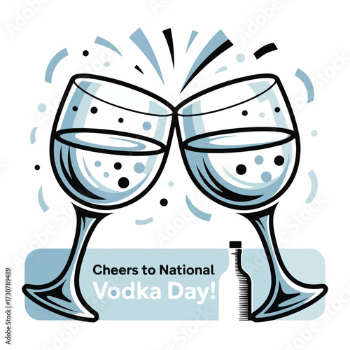 Celebrate National Vodka Day with festive vodka bottles, shot glasses, and party elements in a vibrant solid color vector illustration, perfect for posters and t-shirts
