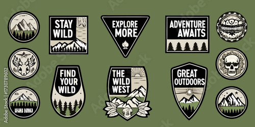 Collection of vintage style outdoor adventure patches with inspirational quotes and nature scenes
