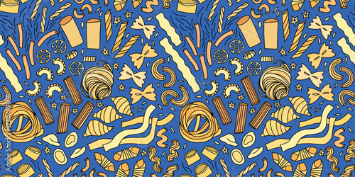 Italian food design with assorted pasta types, colorful hand-drawn vector seamless illustration