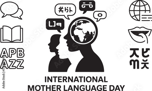 International Mother Language Day with human heads and diverse language symbols