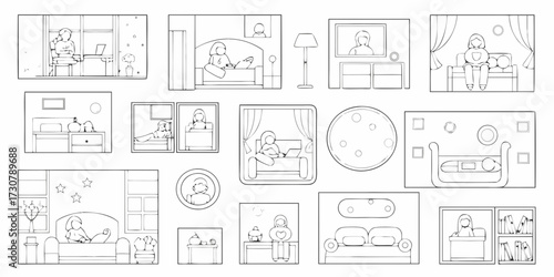 Collection of line art illustrations depicting women in various home settings engaged in daily activities and relaxation