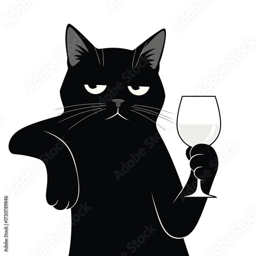 Vector art of grumpy black cat holding a glass of milk