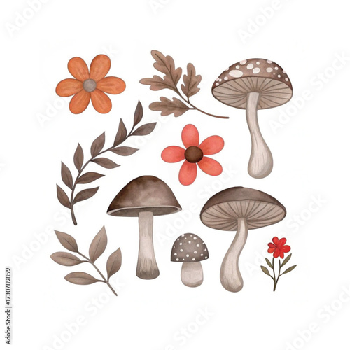 Outono colorido Ilustração em aquarela de cogumelos folhas de outono rosa cachorro ameixa bagas de bolota
