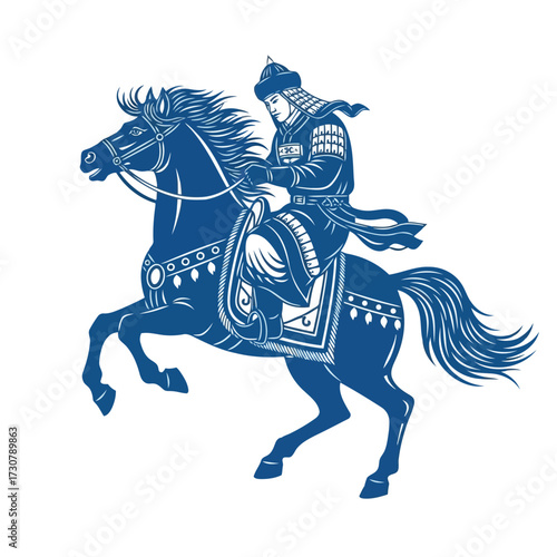 Vector art of warrior on horseback in traditional armor, blue illustration