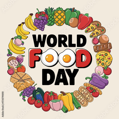 Vector art of world food day concept art with a circular arrangement of diverse food items including fruits, vegetables, pizza, bread, and eggs, symbolizing global food variety and abundance