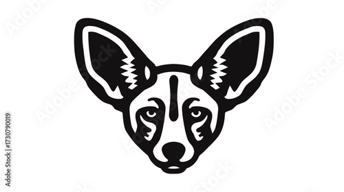 Stylized wild animal head illustration, black and white vector graphic of a fox-like creature with large ears, minimalist design.