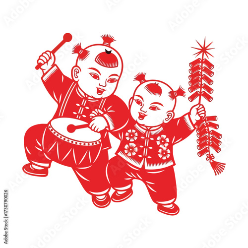 Vector art of two children in traditional chinese clothing with drum and firecrackers