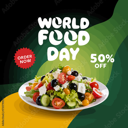Vector art of world food day celebration with a fresh salad and a 50 off offer, promoting healthy eating and food awareness
