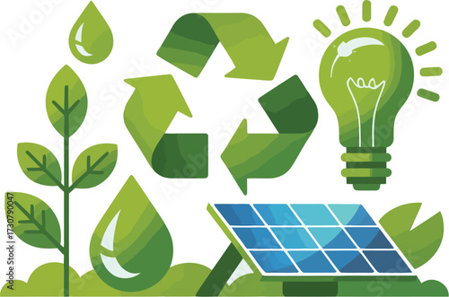 Green eco energy concept set with recycle arrow symbol and leaf illustrating environmental conservation and nature design icons