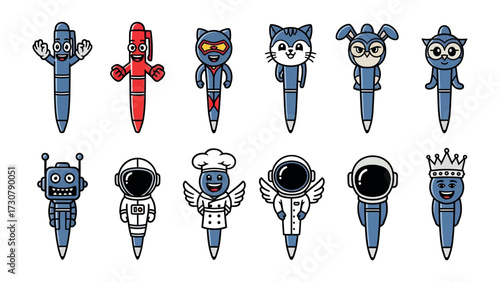 Playful Pen Personas: A vibrant collection of cartoon pens, each uniquely personified with individual characteristics. Embrace your creative spirit with this dynamic illustration.