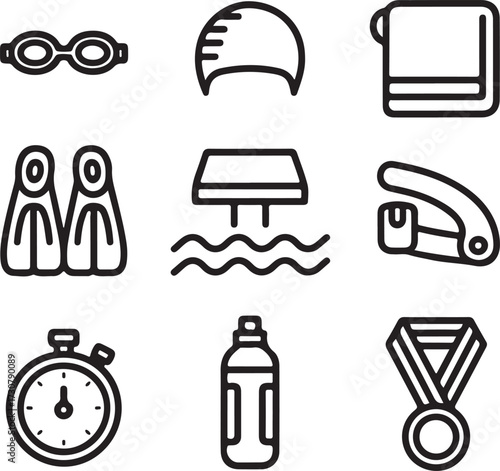 Swimming Essentials Outline Icons Set – Goggles, Swim Cap, Towel, Kickboard, Flippers, Pool Lane, Stopwatch, Water Bottle, and Medal