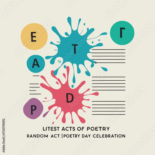 Inspirational Random Acts of Poetry Day design featuring floating letters, poetic typography, paper planes, notebooks, pens, abstract ink shapes, modern vector art, creative posters