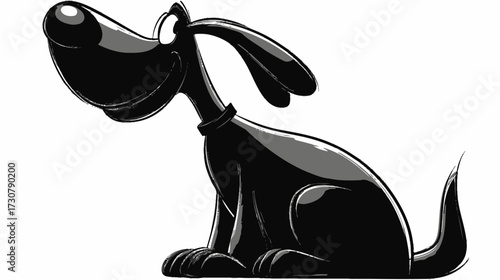 Cute glossy black cartoon dog illustration sitting with a happy expression on a white background, playful pet character.