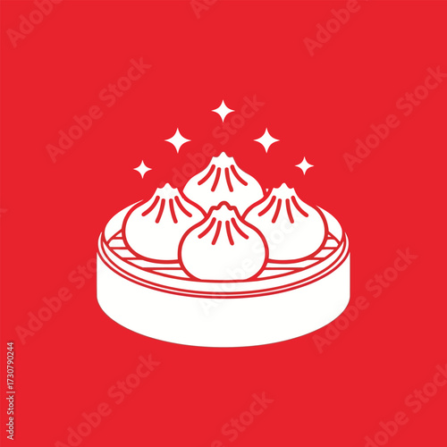 Vector art of steaming dumplings in a bamboo steamer with sparkles
