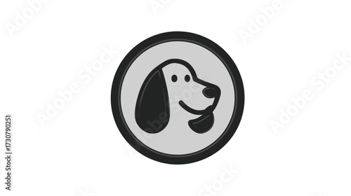 Happy cartoon dog face icon in a round black and white badge, simple pet head logo or avatar graphic design element.