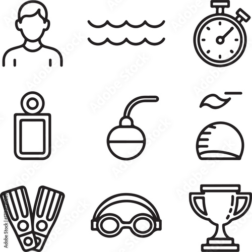 Swimming Training & Pool Vector Icons – Swim Coach, Lane Lines, Stopwatch, Kickboard, Pull Buoy, Flippers, Goggles, Swim Cap, and Trophy Collection