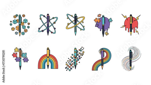 Pens Collection: A series of creative pen illustrations showcasing unique designs and artistic flair. Pens are symbols of creativity and innovation, reflecting ideas and artistic styles.