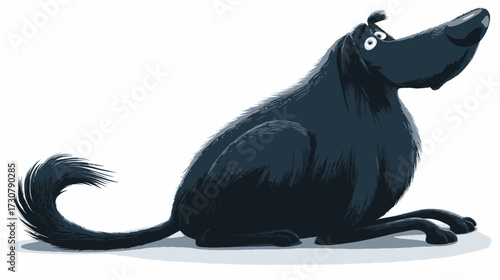 Curious black cartoon dog sitting, looking up with wide eyes and a big nose. Whimsical illustration of a loyal pet animal.