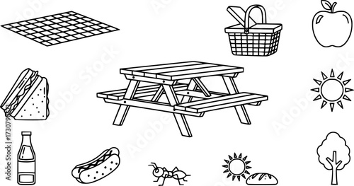 Stroke line icons set of picnic table.
