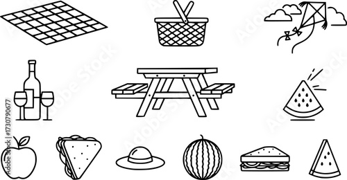 Stroke line icons set of picnic table.