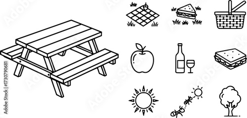 Stroke line icons set of picnic table.