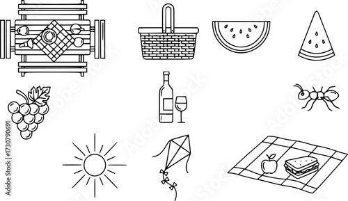 Stroke line icons set of picnic table.