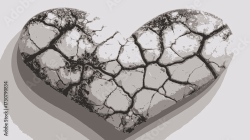Abstract cracked heart symbol with dry, parched earth texture, representing heartbreak, emotional pain, loss, sadness, and stress.