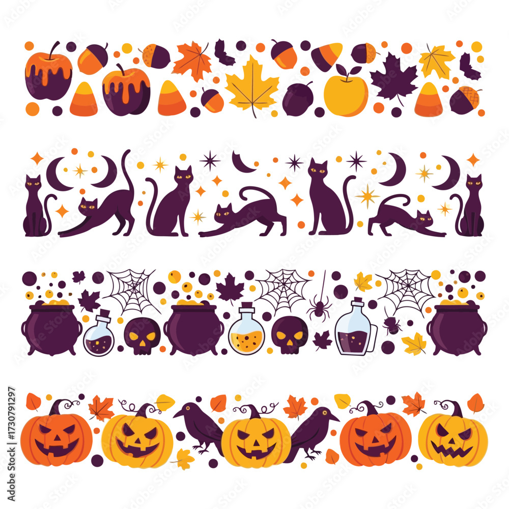 Obraz premium Vector art of halloween decorative borders with pumpkins, cats, and cauldrons