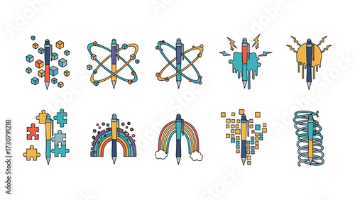 Pens in the Kaleidoscope: Ten vibrant illustrations of pens morph into a world of creative potential, with each design reflecting a spectrum of ideas, showcasing innovative design elements 