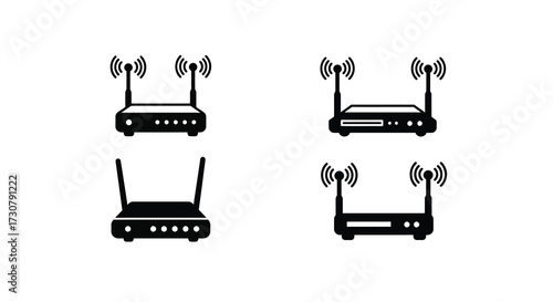 Black wireless router icons set isolated on a white background