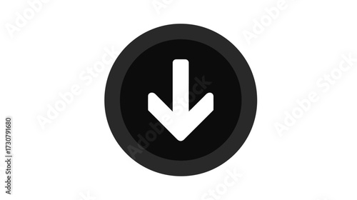 Download arrow icon, circular dark button, UI element, web design, app interface, data transfer symbol, scroll down, navigation