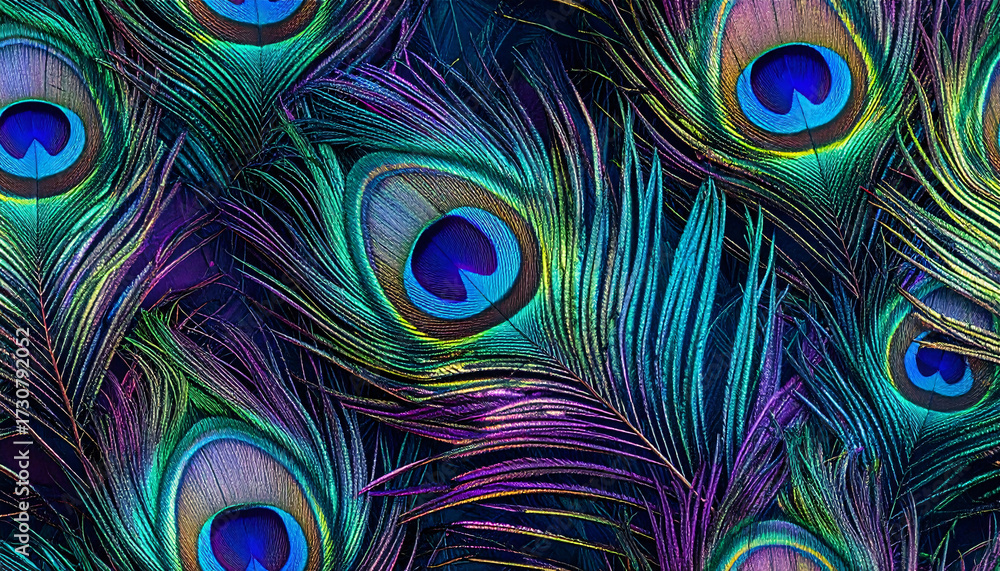 Fototapeta premium Seamless pattern of peacock feathers with iridescent green and blue tones