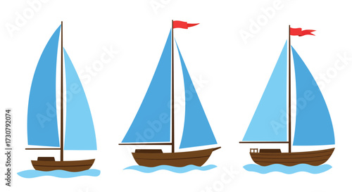 Three simple cartoon sailboats with red flags on a blue wave