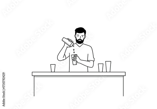 Bartender Preparing a Cocktail Professional Mixologist Pouring Drink into Shaker at Bar Counter Line Art Illustration