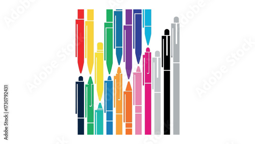 Colorful Pens: A vibrant array of assorted pens, meticulously arranged in a clean, artistic composition, showcasing a spectrum of colors. 
