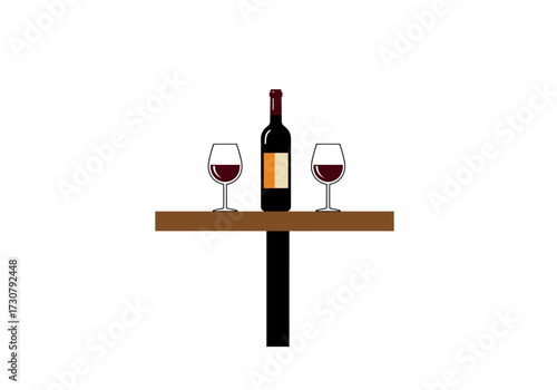 A bottle of wine and two glasses are placed on a brown table
