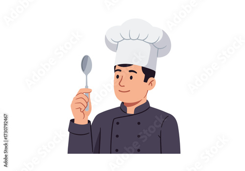A chef in a chefs hat holds a spoon