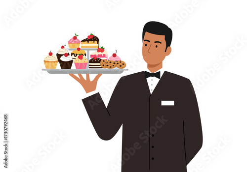 A butler holds a tray with a variety of desserts