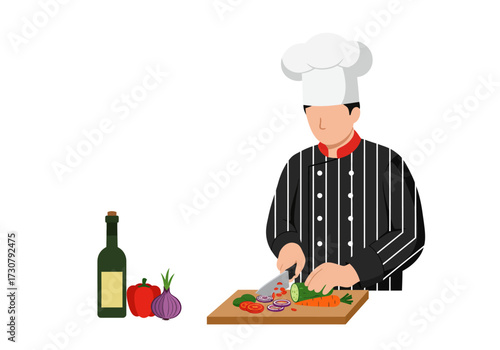 A chef in a striped jacket cuts vegetables on a wooden board next to a wine bottle and red pepper