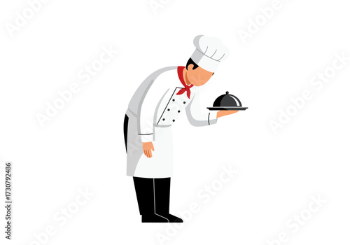 A chef in a white uniform hat and red neckerchief holding a covered serving plate