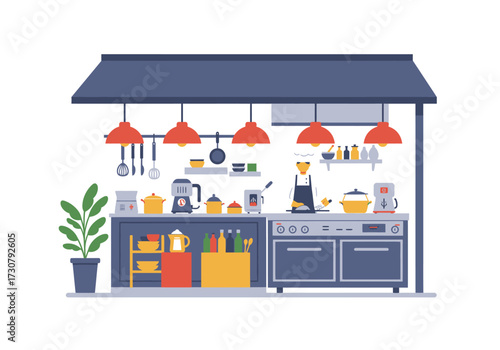 A detailed illustration of a kitchen space with appliances tools a chef and a houseplant