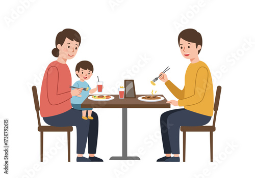 A family a mother with a child on her lap and a father eat at a table